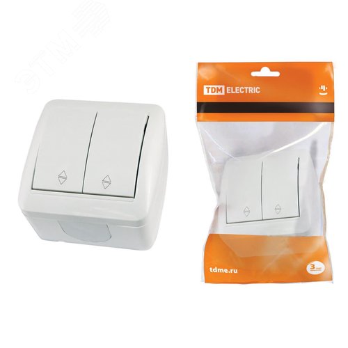 Изображение товара "Выключатель на 2 направления 2-кл. открытой установки IP44 10А белый ""Селигер"" TDM" (упак)