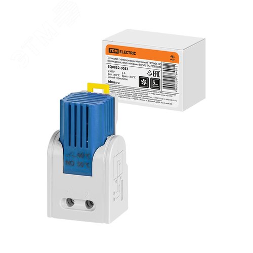 Изображение товара Термостат с фиксированной уставкой ТФУ-004 NО (охлаждение, темп. вкл/выкл 60/50), 5 А, 230 В TDM (шт)