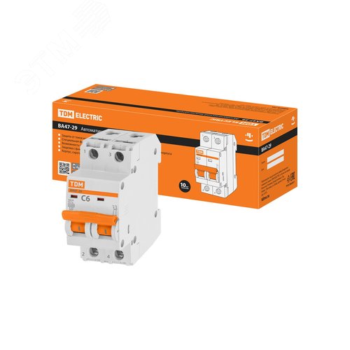 Изображение товара Выключатель автоматический ВА47-29 двухполюсной 6А 4,5кА характеристика С (шт)