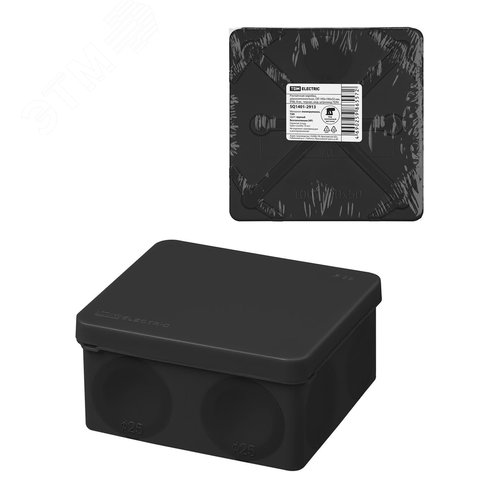 Изображение товара Распаячная коробка двухкомпонентная ОП 100х100х50 мм IP66 8 вх. черная инд. штрихкод TDM (упак)