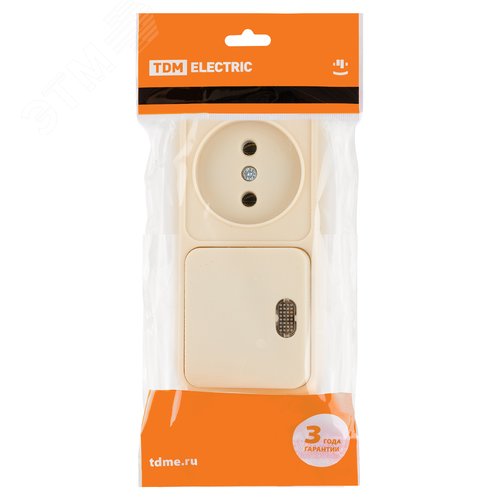 Изображение товара "Блок комбинированный выкл. 1-кл. с/п 10А + розетка 2П 10А 250В БКВР IP20 сл. кость ""Ладога"" TDM" (упак)