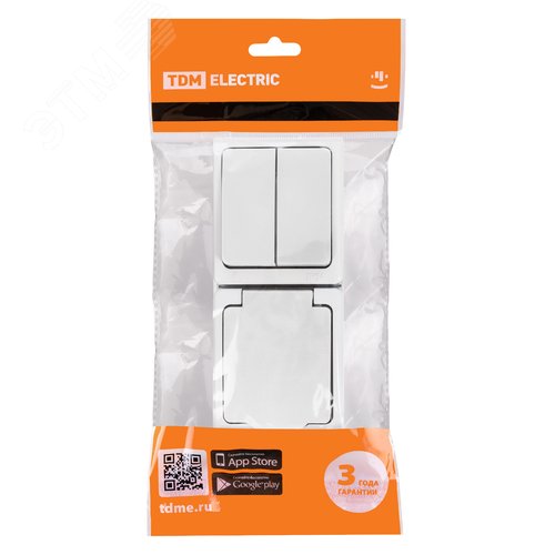 Изображение товара "Блок (вертикальный) выключатель 2-кл. + розетка 2П+З с з/ш БКВР IP54 белый ""Вуокса"" TDM" (шт)