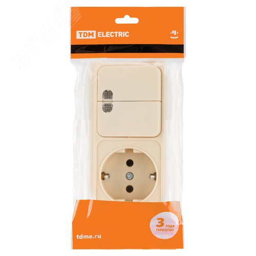 Изображение товара "Блок комбинированный выкл. 2-кл. с/п 10А + розетка 2П+З 16А 250В БКВР IP20 сл. кость ""Ладога"" TDM" (упак)