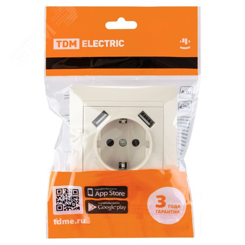 Изображение товара "Розетка 2П+З 16А 250В + 2 USB порта 2,1А 5В сл.кость ""Лама"" TDM" (шт)