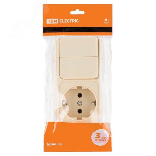 Изображение товара "Блок комбинированный выкл. 2-кл. 10А + розетка 2П+З 16А 250В БКВР IP20 сл. кость ""Ладога"" TDM" (упак)