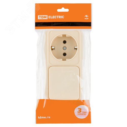 Изображение товара "Блок комбинированный выкл. 1-кл. 10А + розетка 2П+З 16А 250В БКВР IP20 сл. кость ""Ладога"" TDM" (упак)