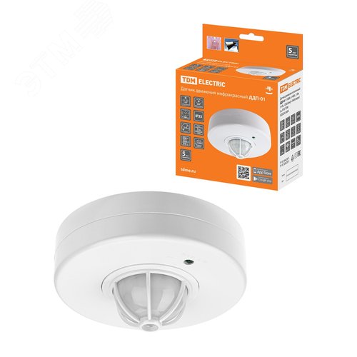 Изображение товара Датчик движения потолочный ДДП-01, мощность 1100 Вт,время отключения от 5 до 480 секунд, дальность обнаружения от 2 до 8 метров, чувствительность от 5 Лк, угол обзора 120 градусов сбоку и 360 градусов сверху, IP33 (шт)