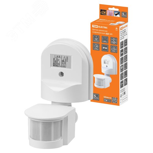 Изображение товара Датчик движения настенный ДДС-01 1100 Вт, время отключения от 5 до 480 секунд, дальность обнаружения 12 метров, чувствительность от 5 Лк, угол обзора 180 градусов, IP44 (шт)