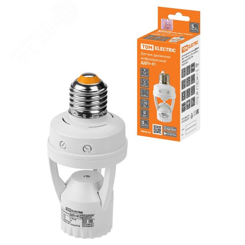 Изображение товара Датчик движения в патрон ДДПт-01, мощность 60 Вт, время отключения от 10 до 300 секунд, дальность обнаружения 6 метров, чувствительность от 3 Лк, угол обзора 120 градусов сбоку и 360 градусов сверху, степень защиты IP20 (шт)