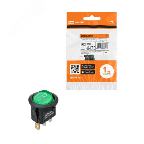 Изображение товара Выключатель клавишный круглый KCD11-101N 250В AC/DC, 1P, 3А, (3с), ON-OFF, черный корпус, зеленая клавиша с LED подсветкой, Micro TDM (упак)