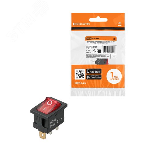 Изображение товара Выключатель клавишный KCD1-101N 12В AC/DC, 1P, 15А, (3с), ON-OFF, черный корпус, красная клавиша с LED подсветкой, Mini TDM (упак)