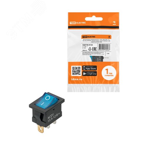 Изображение товара Выключатель клавишный KCD1-101N 12В AC/DC, 1P, 15А, (3с), ON-OFF, черный корпус, синяя клавиша с LED подсветкой, Mini TDM (упак)