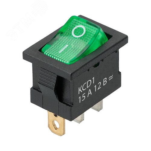 Изображение товара Выключатель клавишный KCD1-101N 12В AC/DC, 1P, 15А, (3с), ON-OFF, черный корпус, зеленая клавиша с LED подсветкой, Mini TDM (упак)
