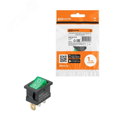 Изображение товара Выключатель клавишный KCD1-101N 250В AC/DC 1P 6А (3с) ON-OFF черный корпус, зеленая клавиша с LED подсветкой, Mini TDM (упак)
