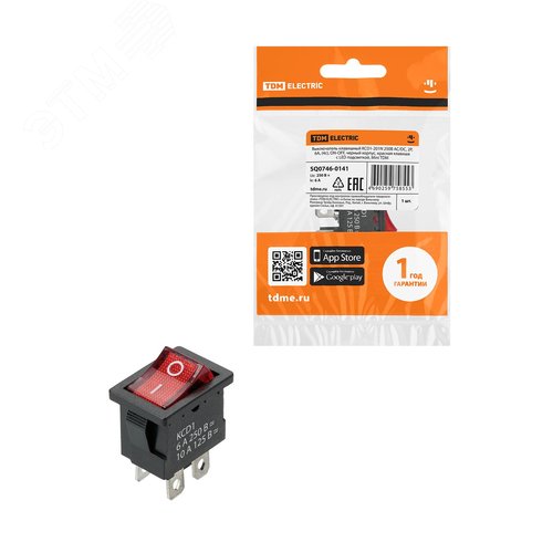 Изображение товара Выключатель клавишный KCD1-201N 250В AC/DC, 2P, 6А, (4с), ON-OFF, черный корпус, красная клавиша с LED подсветкой, Mini TDM (упак)