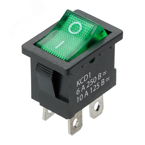 Изображение товара Выключатель клавишный KCD1-201N 250В AC/DC, 2P, 6А, (4с), ON-OFF, черный корпус, зеленая клавиша с LED подсветкой, Mini TDM (упак)