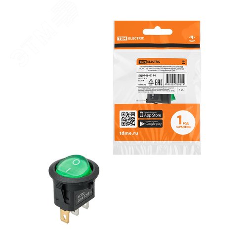 Изображение товара Выключатель клавишный круглый KCD2-101N 12В AC/DC, 1P, 20А, (3с), ON-OFF, черный корпус, зеленая клавиша с LED подсветкой TDM (упак)