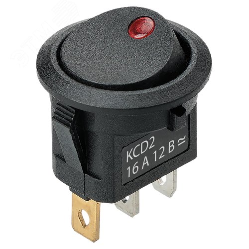 Изображение товара Выключатель клавишный круглый KCD2-101N-2 12В AC/DC, 1P, 16А, (3с), ON-OFF, черный с красной точечной LED подсветкой TDM (упак)