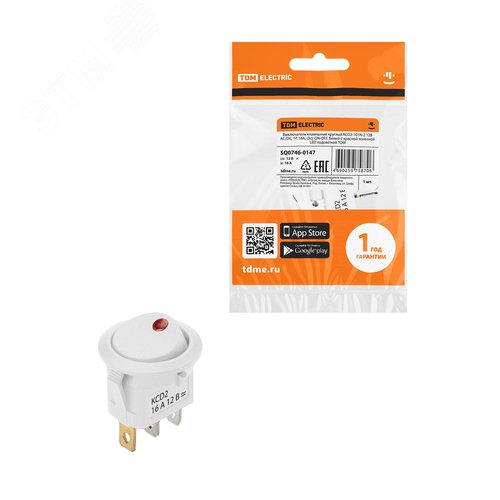 Изображение товара Выключатель клавишный круглый KCD2-101N-2 12В AC/DC, 1P, 16А, (3с), ON-OFF, белый с красной точечной LED подсветкой TDM (упак)
