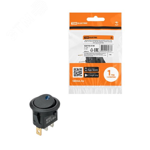 Изображение товара Выключатель клавишный круглый KCD2-101N-2 12В AC/DC, 1P, 16А, (3с), ON-OFF, черный с синей точечной LED подсветкой TDM (упак)