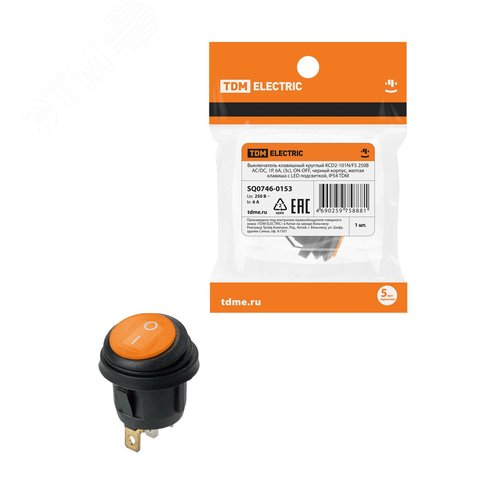 Изображение товара Выключатель клавишный круглый KCD2-101N/FS 250В AC/DC, 1P, 6А, (3с), ON-OFF, черный корпус, красная клавиша с LED подсветкой, IP54 TDM (упак)