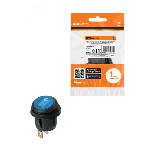 Изображение товара Выключатель клавишный круглый KCD2-101N/FS 250В AC/DC, 1P, 6А, (3с), ON-OFF, черный корпус, синяя клавиша с LED подсветкой, IP54 TDM (упак)