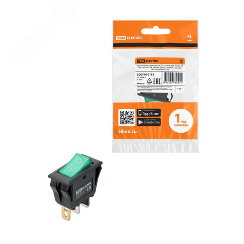 Изображение товара Выключатель клавишный KCD3-101N/B 250В AC/DC, 1P, 15А, (3с), ON-OFF, черный корпус, зеленая клавиша с LED подсветкой TDM (упак)