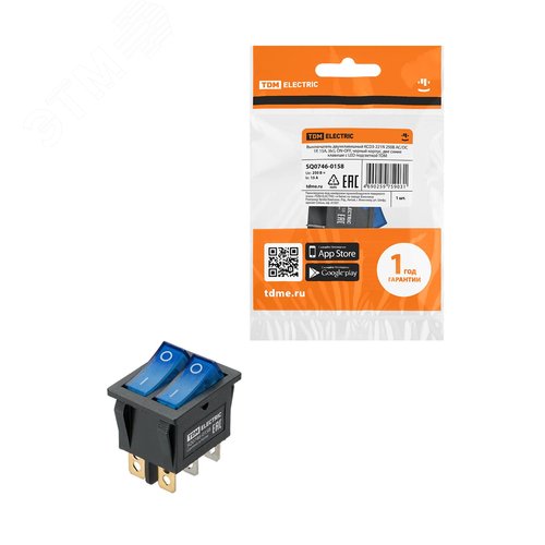 Изображение товара Выключатель двухклавишный KCD3-221N 250В AC/DC, 1P, 15А, (6с), ON-OFF, черный корпус, две синие клавиши с LED подсветкой TDM (упак)