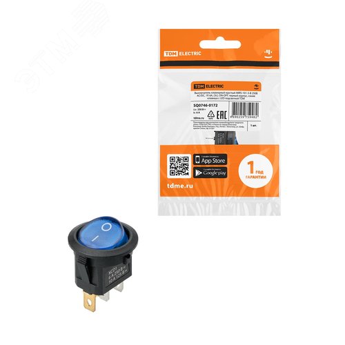 Изображение товара Выключатель клавишный круглый MIRS-101-3-B 250В AC/DC, 1P, 6А, (3с), ON-OFF, черный корпус, синяя клавиша с LED подсветкой TDM (упак)