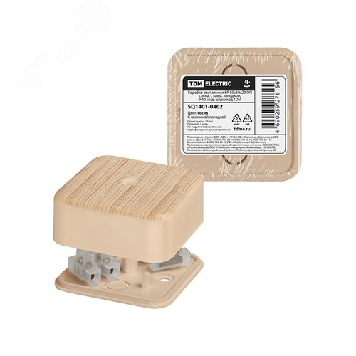 Изображение товара Коробка распаячная КР 50х50х20 ОП сосна с клем. колодкой IP40 инд. штрихкод TDM (шт)