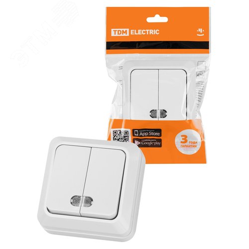 Изображение товара Выключатель двухклавишный открытой установки с подсветкой IP20 10А, белый ''Ладога'' (шт)