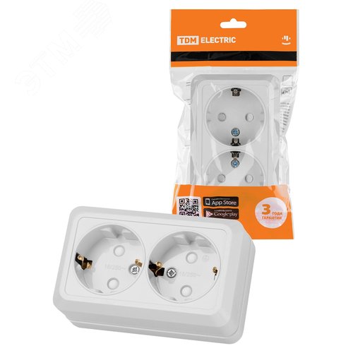 Изображение товара Розетка двойная 2П+З открытой установки с защитными шторками IP20 16А, белый ''Ладога'' (шт)