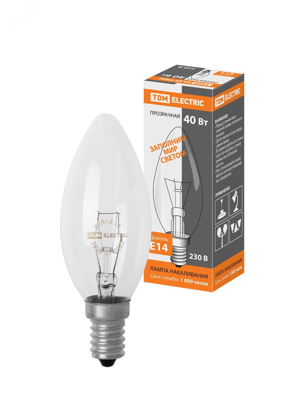 Изображение товара Лампа накаливания Свеча прозрачная 40 Вт 230 В Е14 (шт)