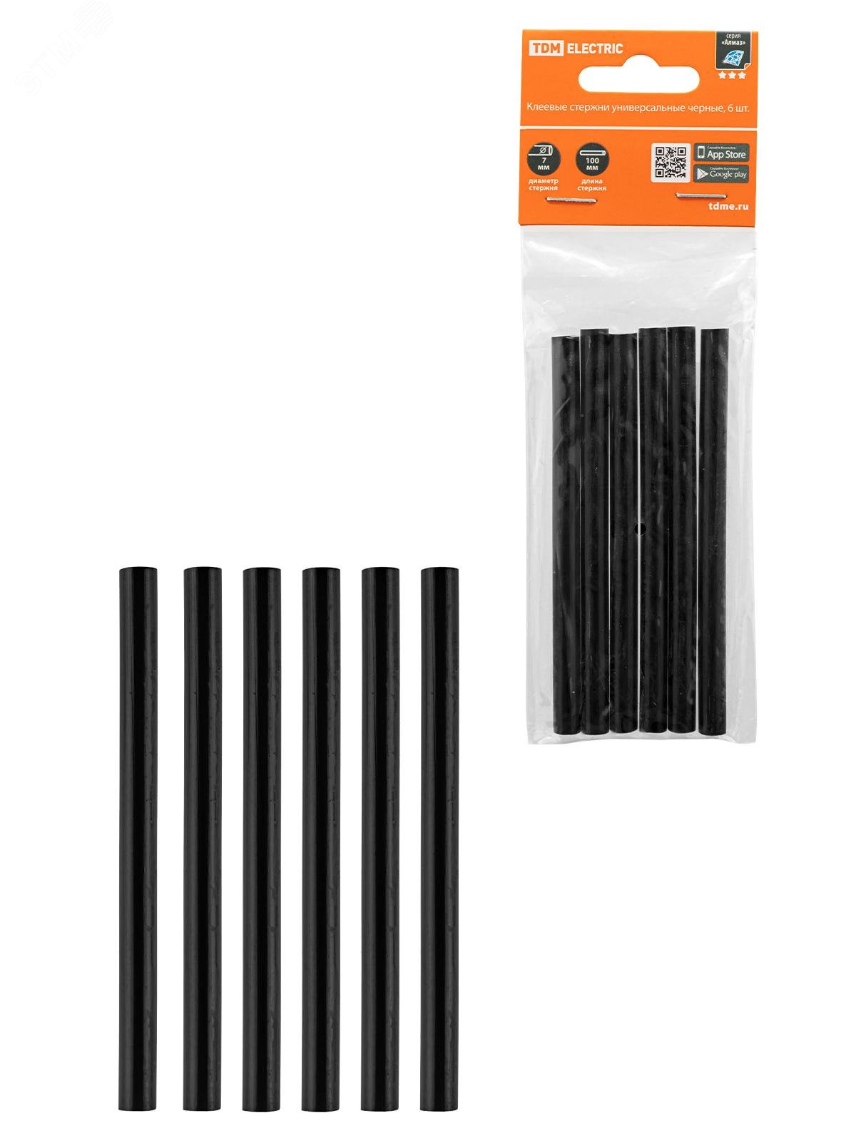Изображение товара Стержни клеевые универсальные черные, 7 мм x 100 мм, 6 шт, ''Алмаз'' (упак)