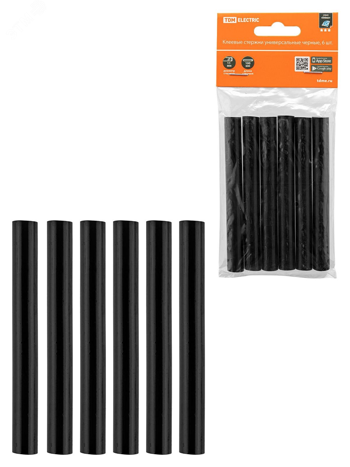 Изображение товара Стержни клеевые универсальные черные, 11 мм x 100 мм, 6 шт, ''Алмаз'' (упак)