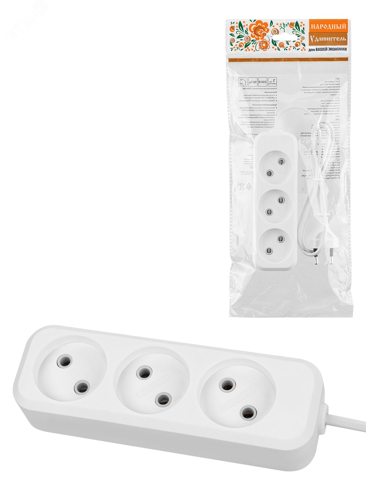 Изображение товара Удлинитель 3 гнезда 3 метра белый с защитой от огня и ударопрочным корпусом TDM ELECTRIC