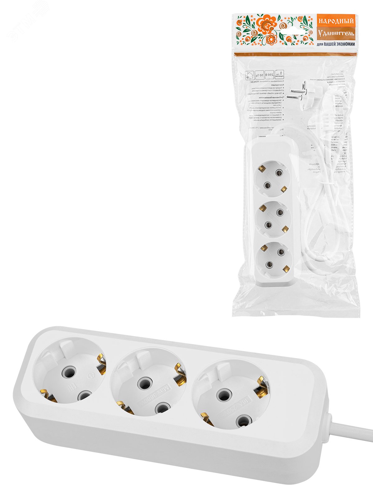 Изображение товара Удлинитель с 3 гнездами и длиной 5 метров белый от TDM ELECTRIC