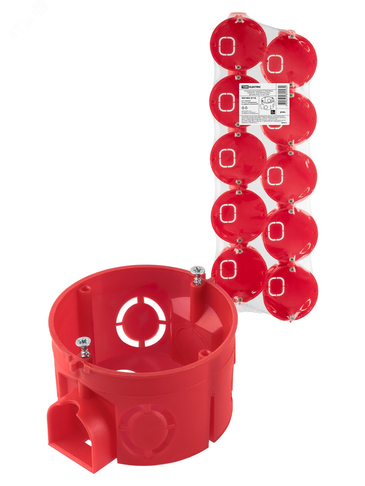 Изображение товара Установочная коробка СП D68х42мм, саморезы, стыковочные узлы, красная, IP20, (10 шт) TDM (шт)