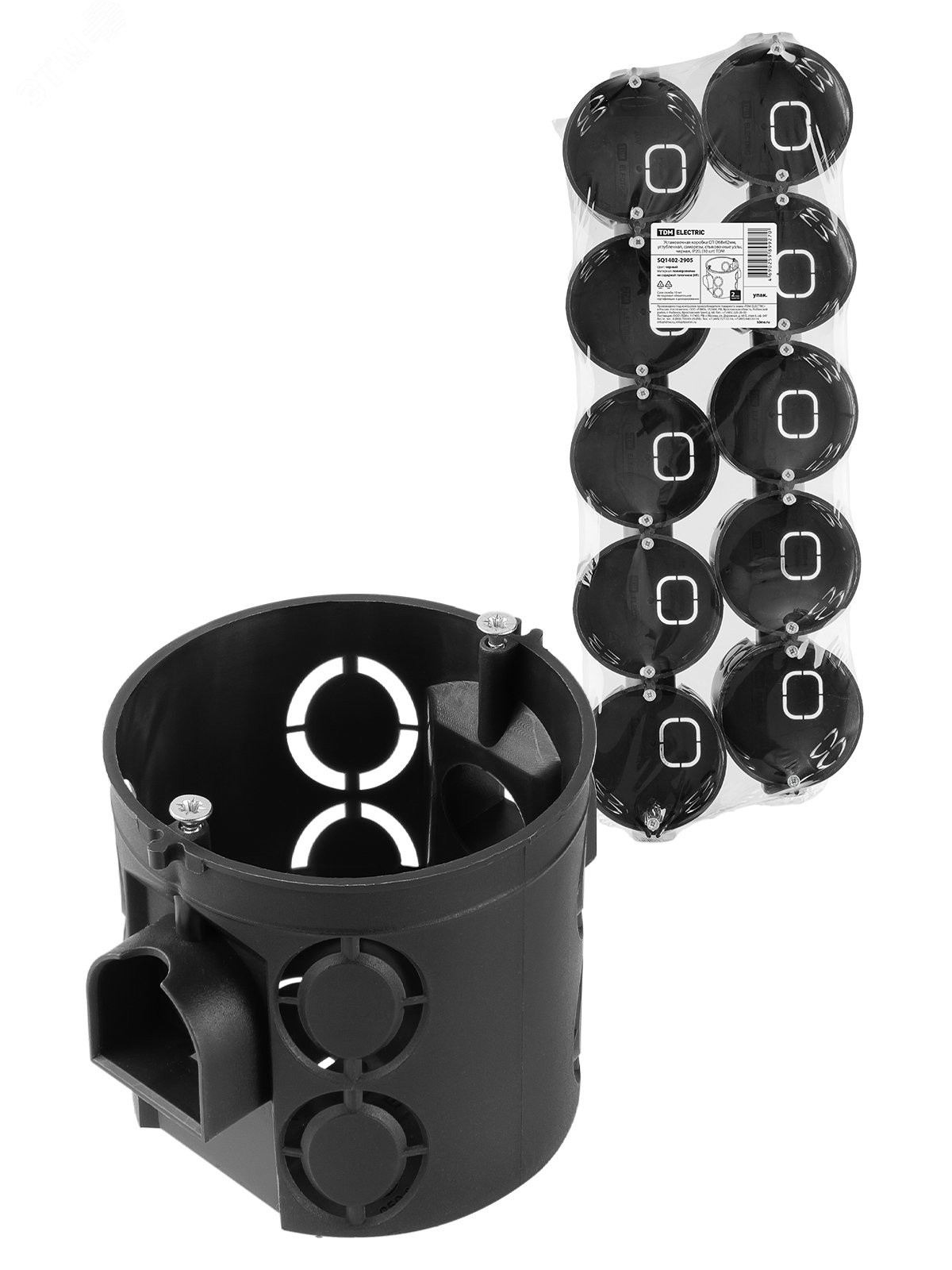 Изображение товара Установочная коробка СП D68х62мм, углубленная, саморезы, стык. узлы, черная, IP20, (10 шт) TDM (шт)