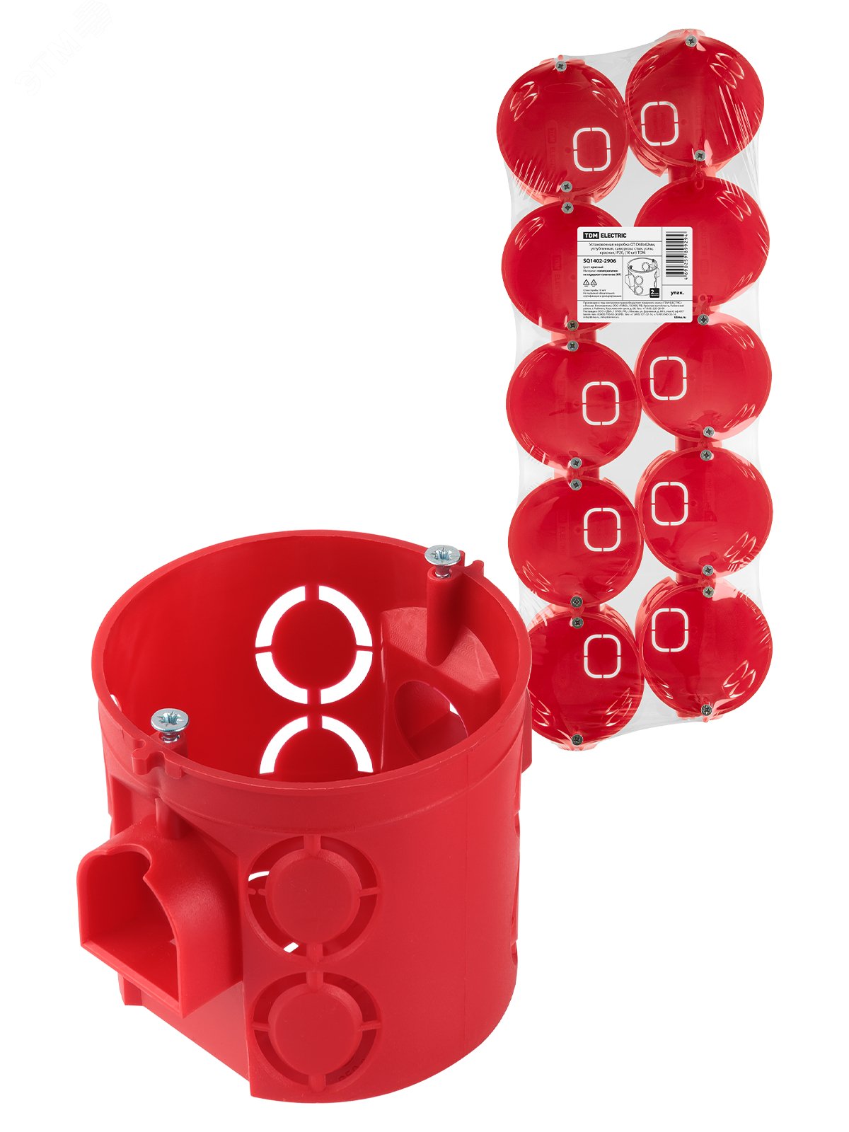 Изображение товара Установочная коробка СП D68х62мм, углубленная, саморезы, стык. узлы, красная, IP20, (10 шт) TDM (шт)