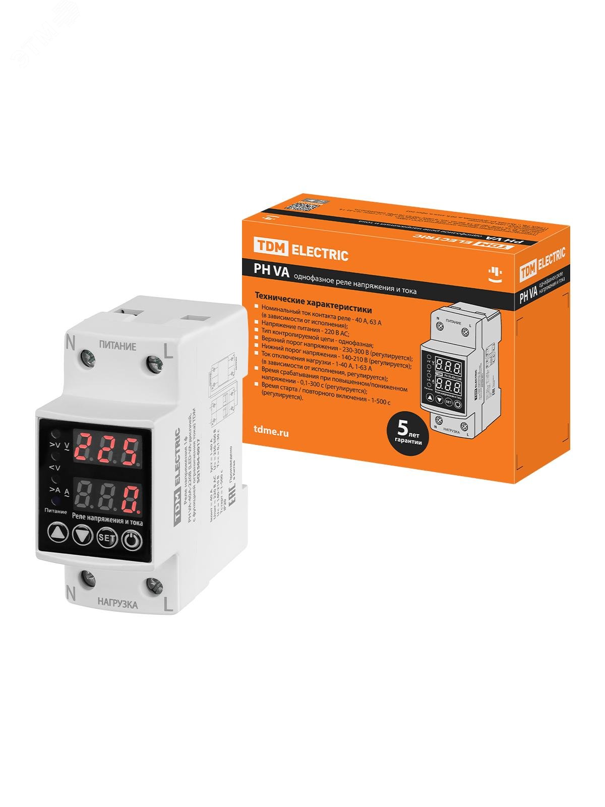 Изображение товара Реле напряжения 1ф VA-40А-220В с LED-дисплеем и ограничением тока TDM
