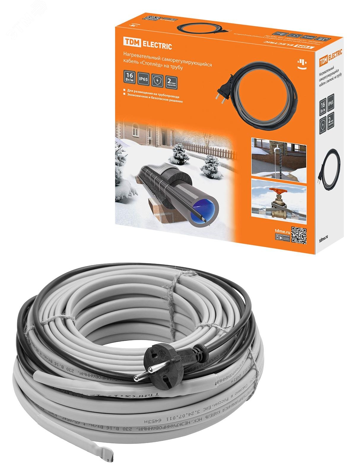 Изображение товара "Кабель нагревательный саморегулирующийся ""Стоплёд"" НСК30-Н с вилкой, на трубу (30м/480Вт) TDM" (шт)