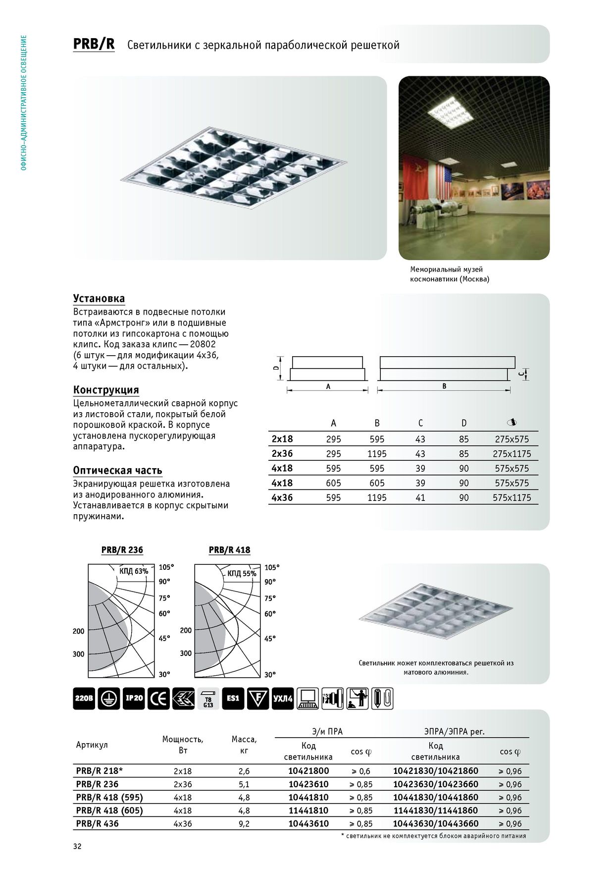 Светильники люминесцентные с зеркальной параболической решеткой встраиваемые типа prb r 236 с эпра