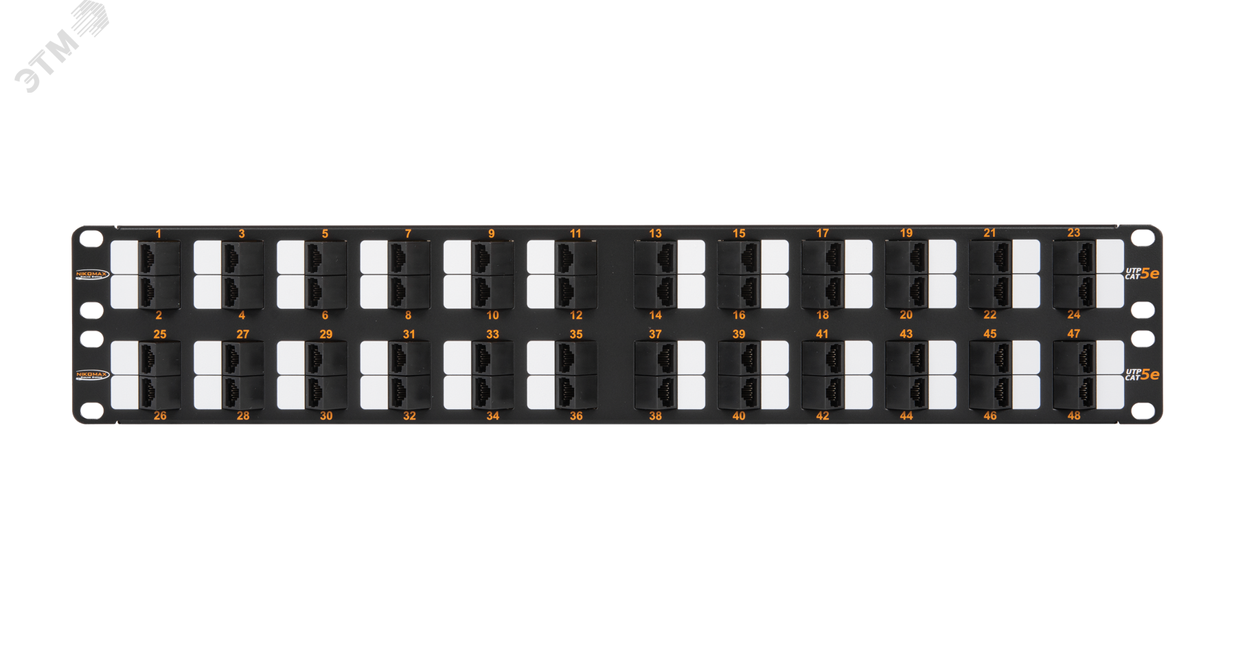 Панель 19'', 2U, 48 угловых портов, Кат.5e, RJ45/8P8C, неэкран., черная NMC-RP48UD2-AN-2U-BK NIKOMAX