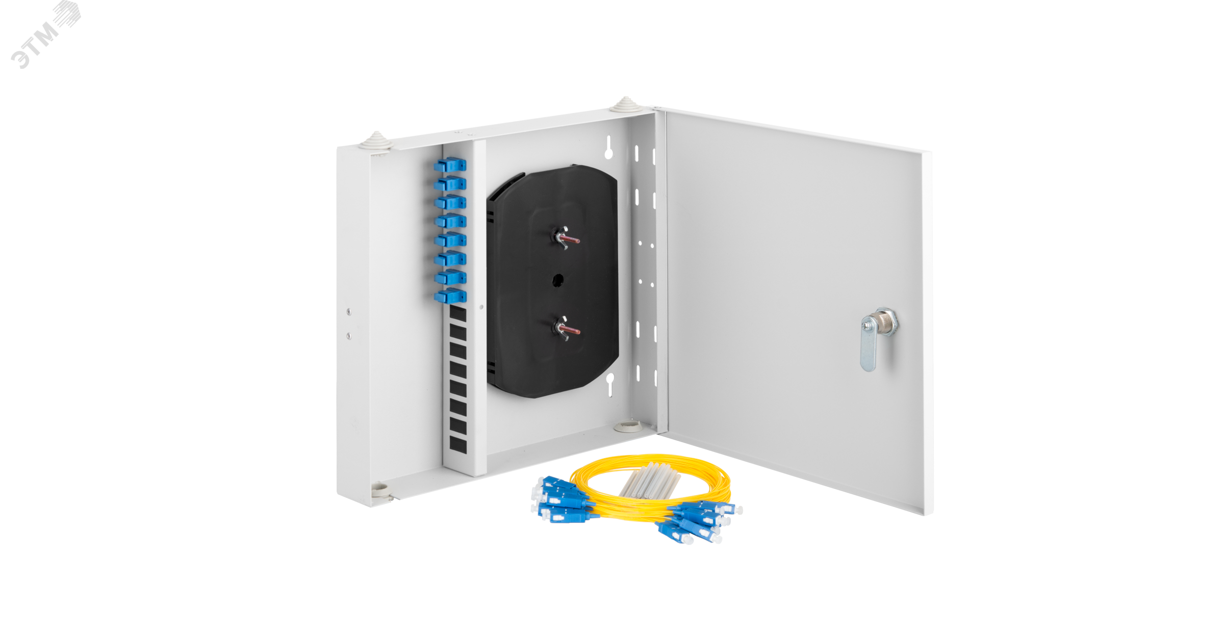 Изображение товара Кросс оптический Essential Line, настенный, укомплектованный на 8 портов SC/UPC (8 одинарных SC/UPC адаптеров), SM 9/125 OS2, стальной, с ключом, серый, в комплекте: адаптеры, монтажные шнуры 1м, сплайс-кассета с крышкой, гильзы, заглушки (шт)