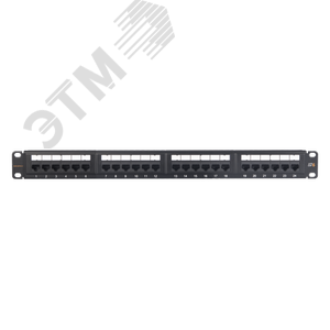 Коммутационная панель 19, 1U, 24 порта, Кат.6 (Класс E), 250МГц, RJ45/8P8C, 110/KRONE, T568A/B, неэкранированная, с органайзером, черная