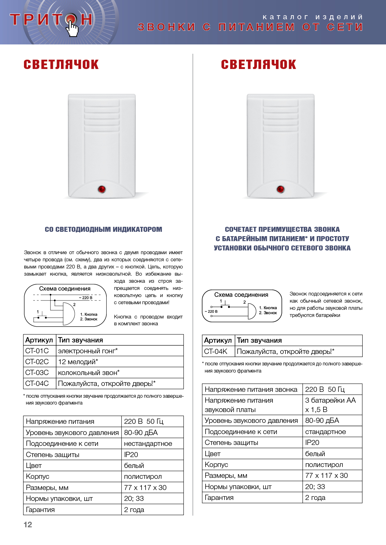 Звонок Светлячок электронный гонг светодиод 220В проводной с кнопкой  артикул СТ-01С Тритон - купить в Москве и РФ в интернет-магазине ЭТМ iPRO |  характеристики, аналоги, стоимость