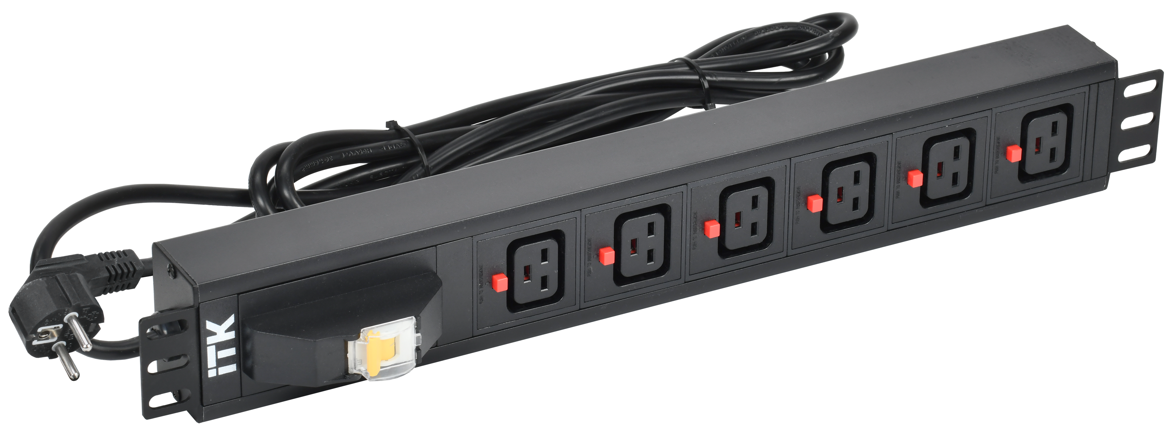Блок распределения питания ITK PDU 6 розеток C19 с фиксатором вилки с автоматом на 16А 1.5U кабель 3м вилка немецкий стандарт алюминиевый профиль черный