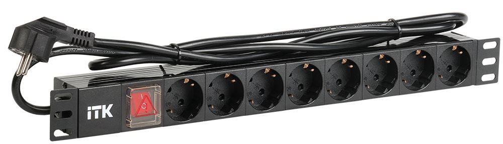 PDU 8 розеток DIN49440 (нем. станд.) с LED выключателем, 1U, шнур 2м вилка DIN49441 (нем. станд.), профиль из ПВХ, черный