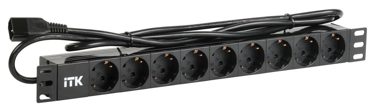 PDU 9 розеток DIN49440 (нем. станд.) 1U, шнур 2м вилка IEC 320 C14, алюминиевый профиль, черный